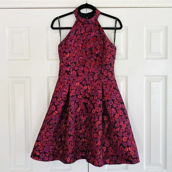 Guess Womens Jacquard Metallic Party Dress Red 4